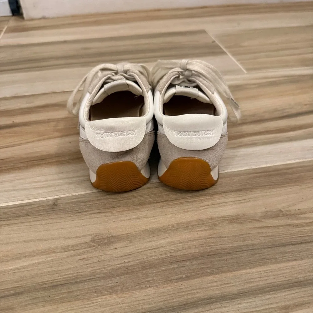 Tory Burch Hank Leather Suede Sneakers Snow White Beige Women's Size 7M No Box